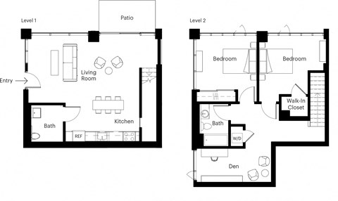 A floor plan of a two-story house with a living room, kitchen, bath, and bedrooms.